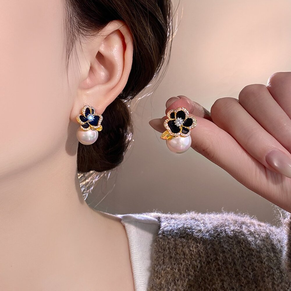3/$35 Black Camellia Pearl Drop Earrings Gold Enamel Flower Crystal Studs